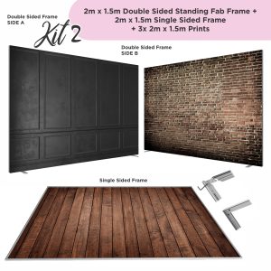 KIT 2 - 2x1.5m FAB FRAME FULL KIT- 2x1.5m Double Sided Frame + 2x1.5m Single Sided Frame + 3x 2x1.5m Prints