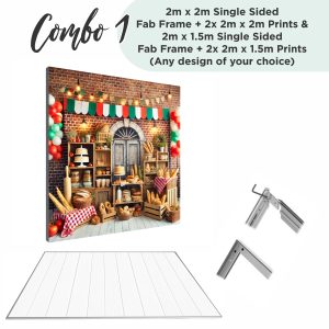 Combo 1 - 1x 2x2m Single sided wall mounted frame + 1x 2x1.5m Single Sided floor frame + 4 Prints (2x 2x2m + 2x 2x1.5m)